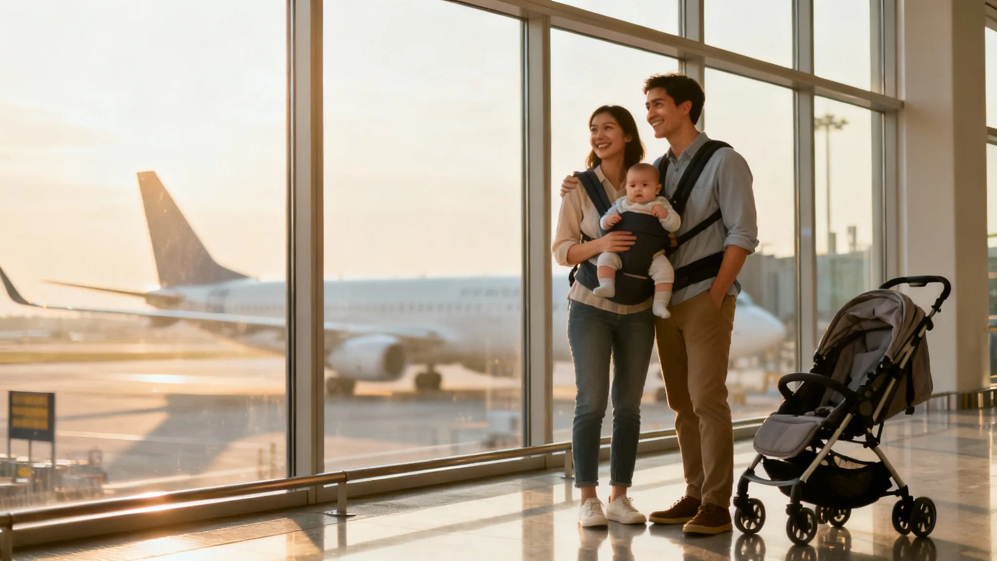À quel âge un bébé peut prendre l’avion, parents à l’aéroport
