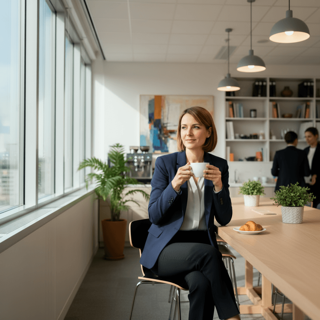 Salariée prenant une pause-café dans un espace de travail moderne, illustrant le respect des temps de repos.