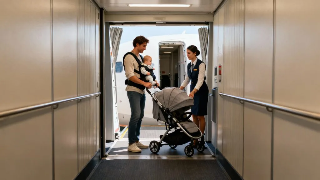 Poussette en avion, dépôt à la porte d’embarquement