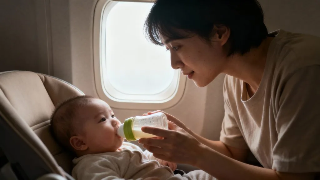 Protéger les oreilles de bébé en avion avec biberon