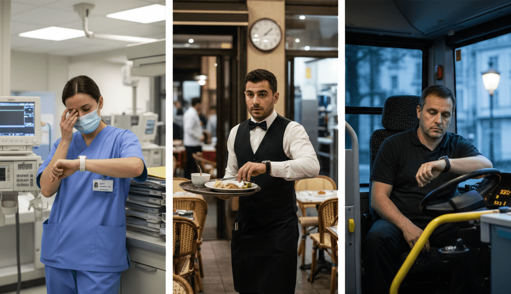 Professionnels de la restauration et de la santé au travail, représentant les secteurs soumis à dérogation horaire.