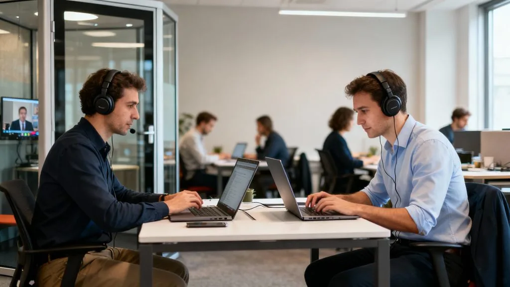 Utilisateurs variés en coworking avec cabines de visio