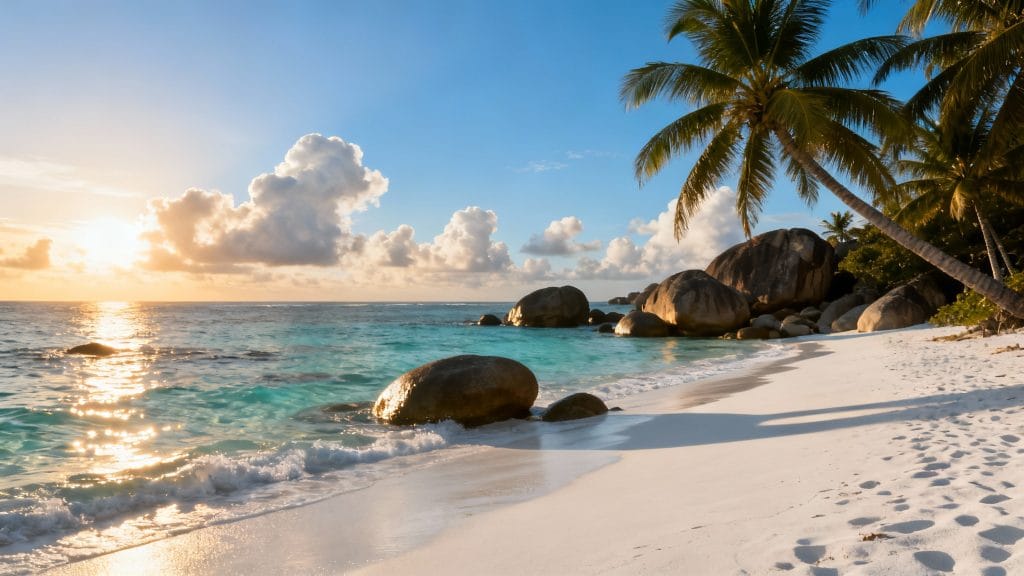 Seychelles en novembre, plage granitique et eau turquoise