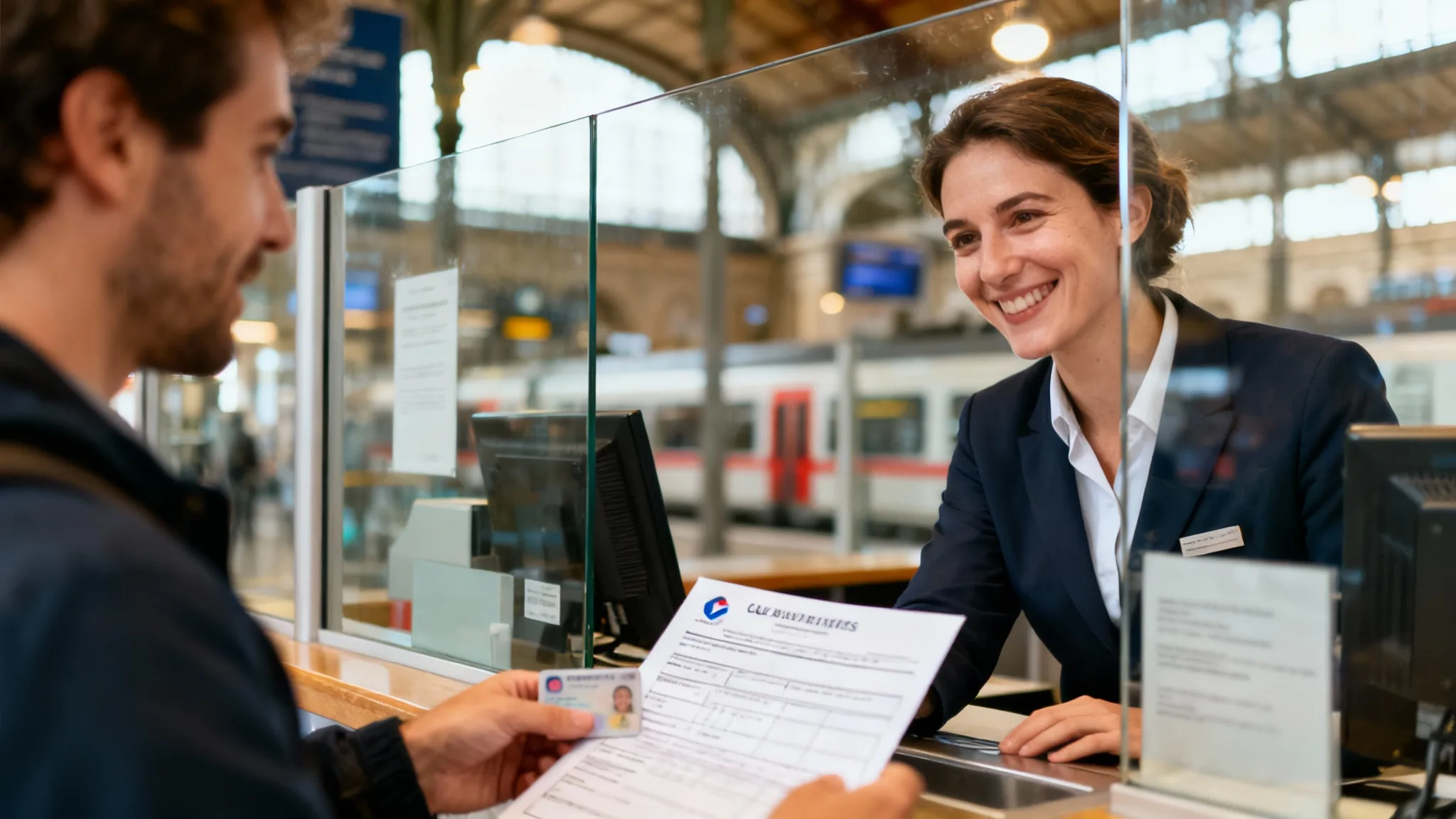 Voyageur au guichet avec formulaire billet de congé annuel SNCF