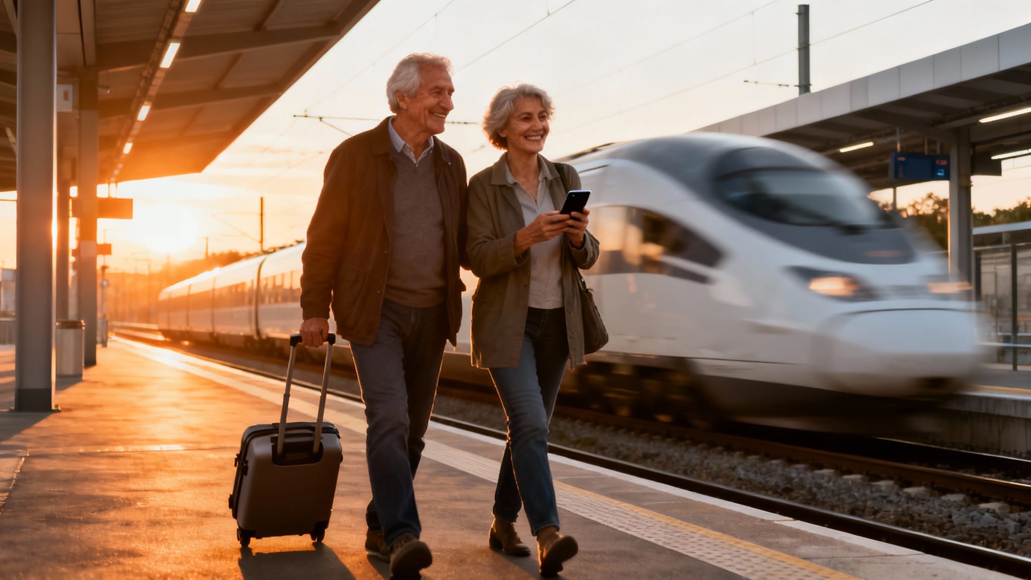 Seniors au quai prêts à voyager avec la carte senior SNCF