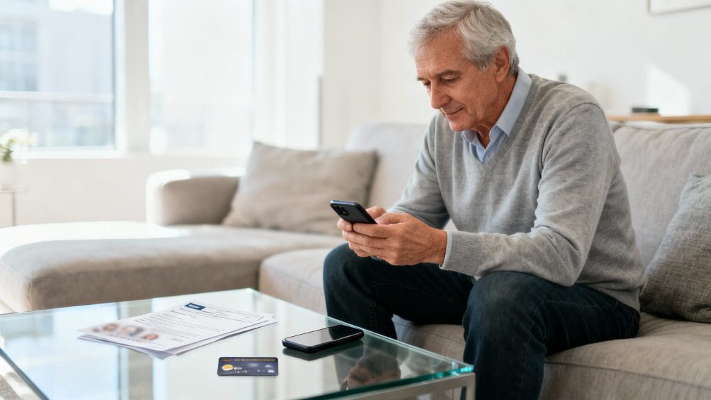 Senior vérifiant conditions d’éligibilité et achat en ligne