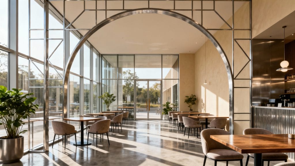 Halle moderniste avec arches et cafés