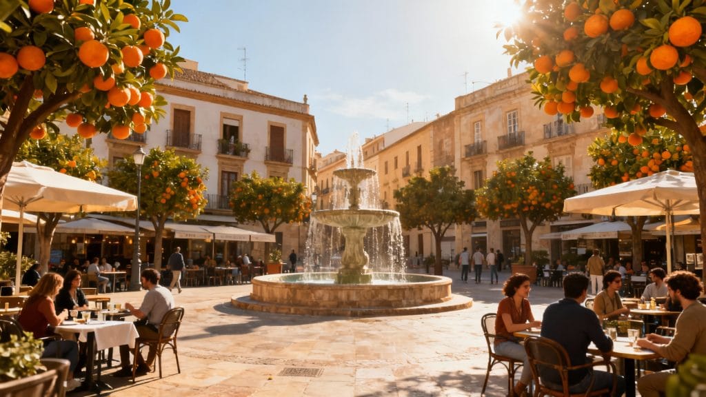 Place ensoleillée avec fontaine et terrasses