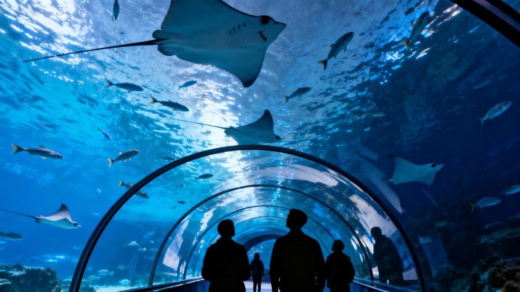 Tunnel aquarium immersif, raies et poissons