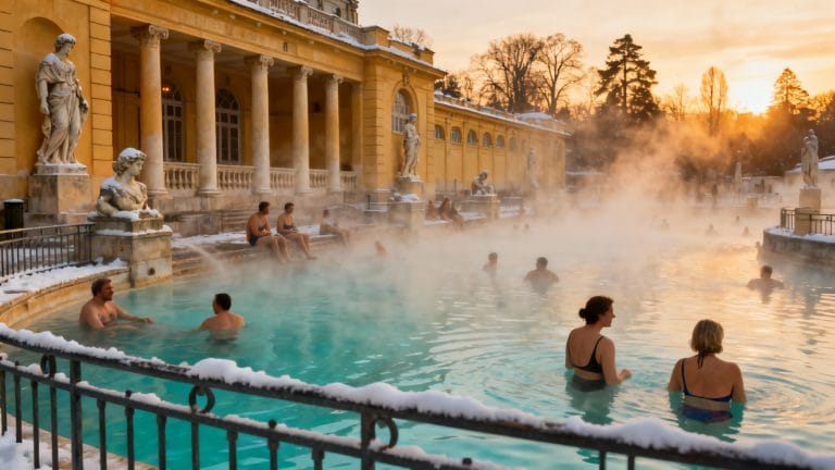 Bassins thermaux extérieurs fumants, bains à Budapest