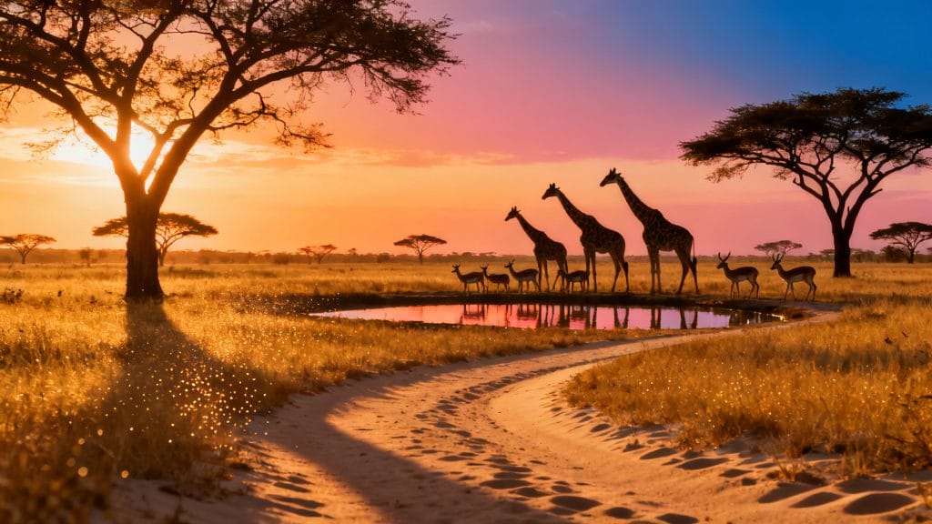 Savane dorée avec faune et acacias au crépuscule