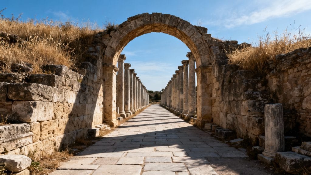 Arc romain et voie antique baignés de lumière