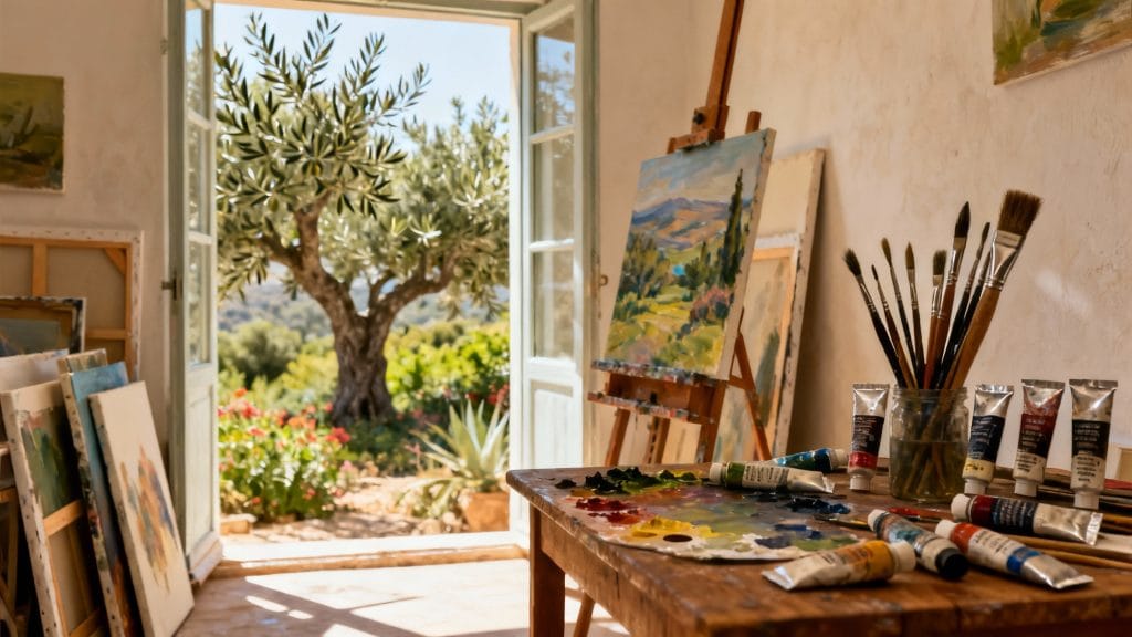 Atelier d’artiste avec toiles et lumière méditerranéenne