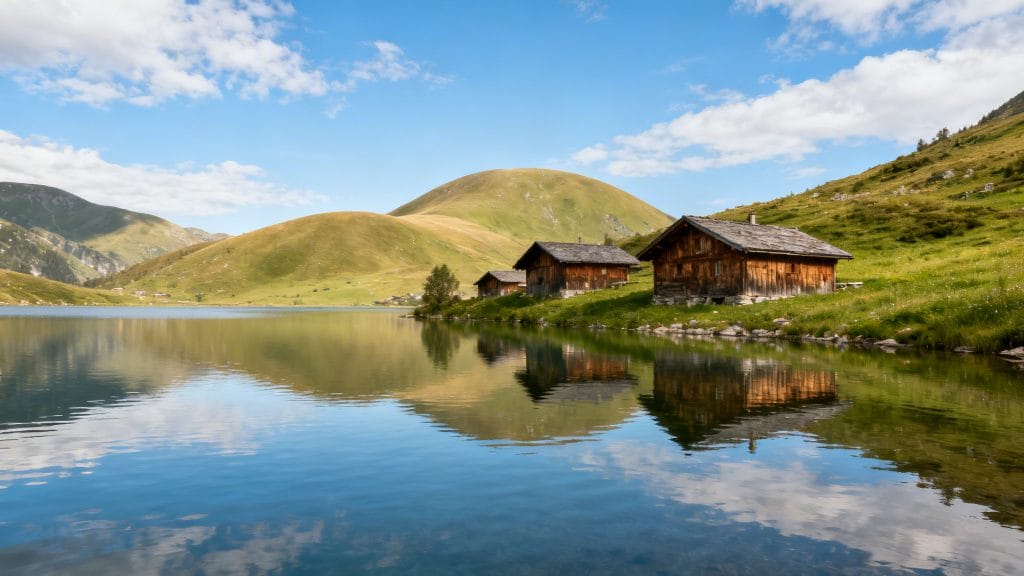 Lac alpin calme, chalets en bois et montagnes verdoyantes