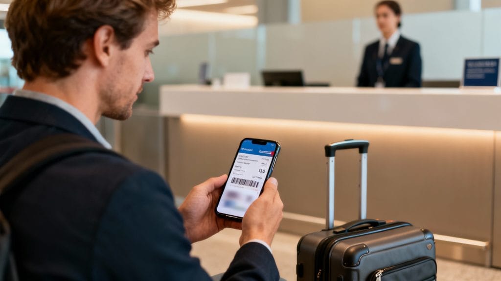 Voyageur au comptoir vérifiant l’offre bagage cabine