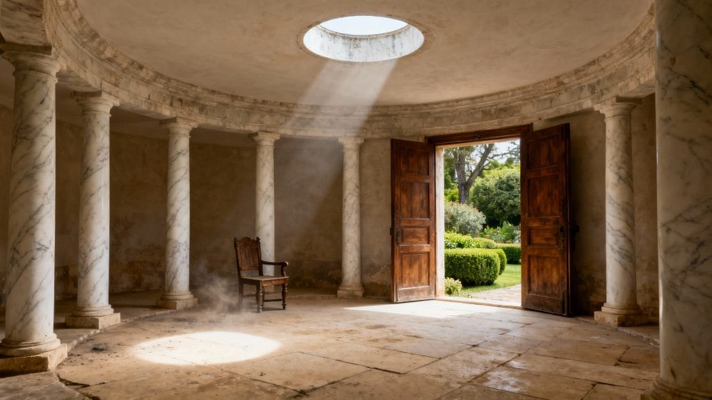 Salle voûtée aux colonnes et jardin paisible