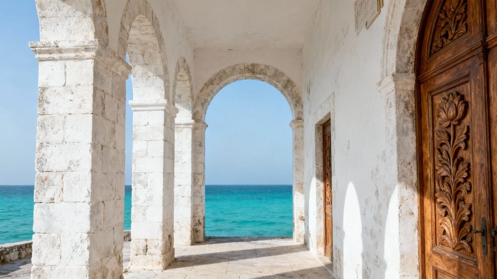 Bastion côtier aux arcades avec vue sur la mer