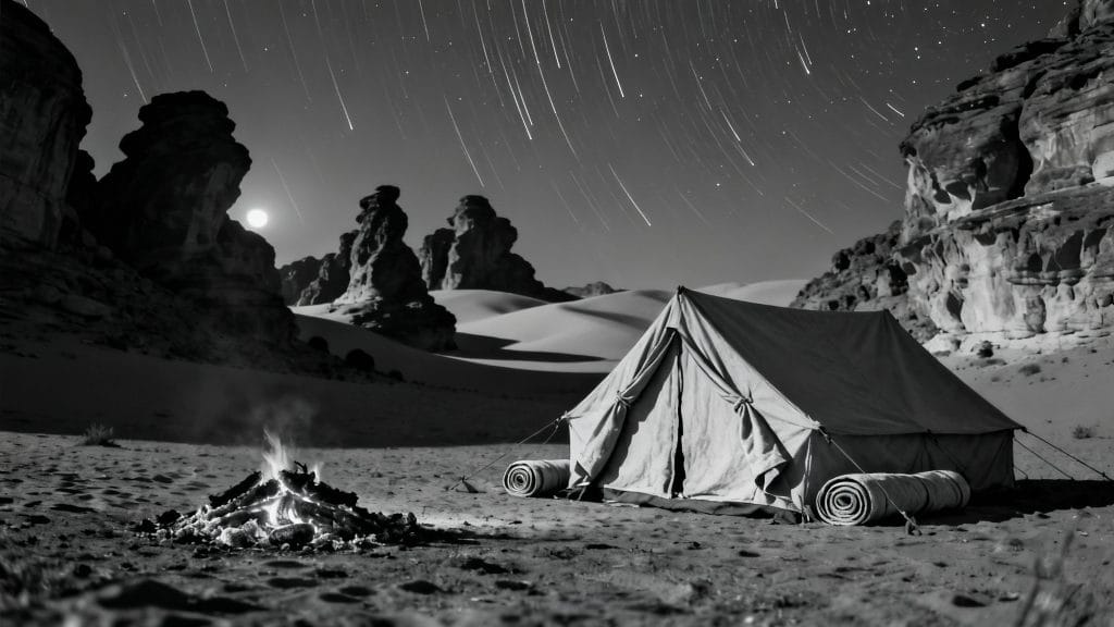 Tente de bivouac sous un ciel étoilé dans le désert