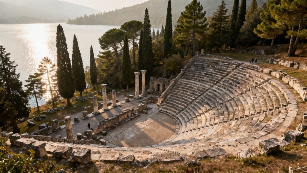 Site archéologique près d’une lagune paisible