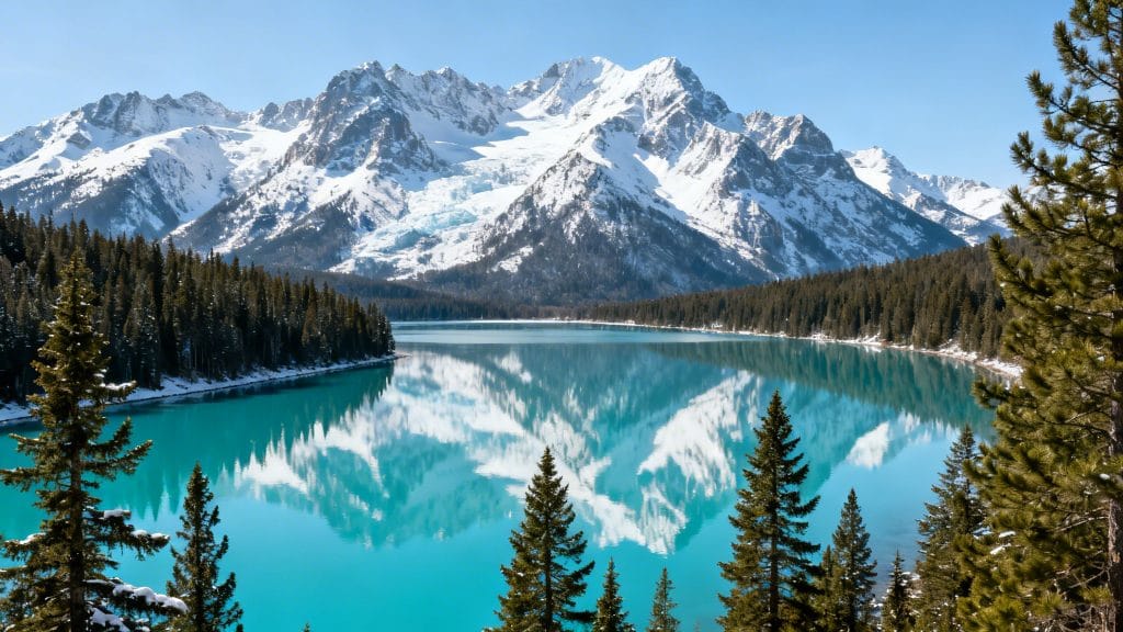 Lac glaciaire turquoise, forêts et sommets enneigés