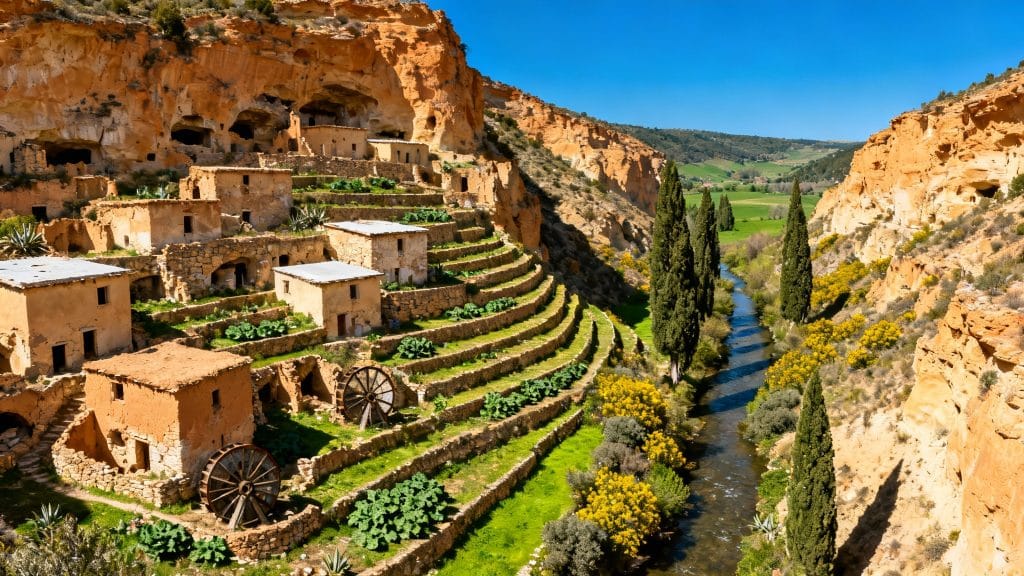 Canyon ocre avec terrasses et maisons troglodytes
