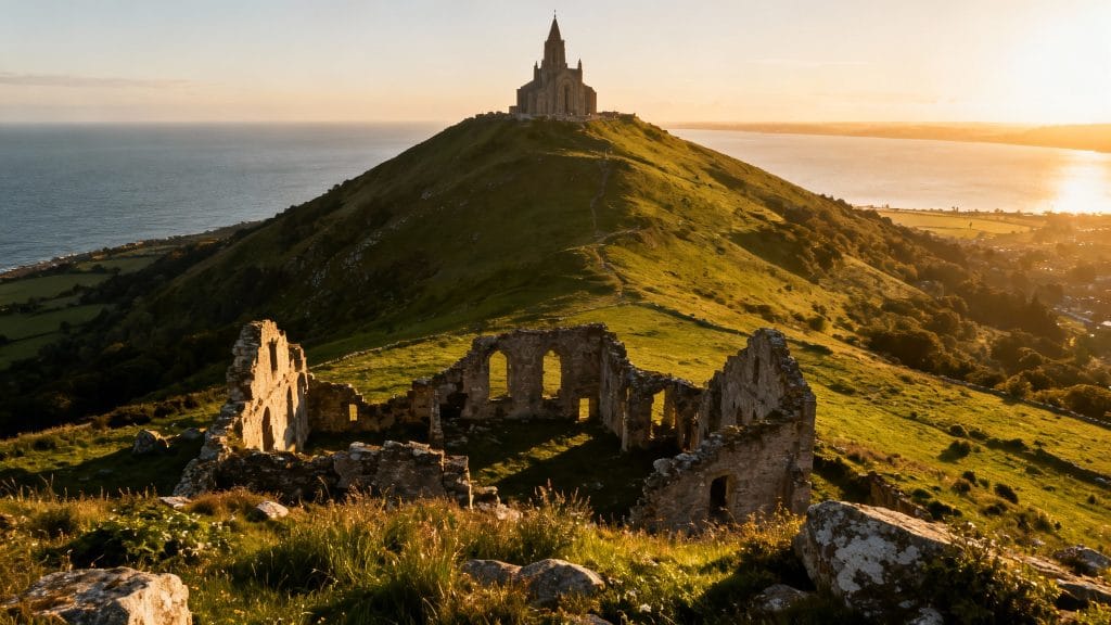 Colline verdoyante avec baie et ruines de pierres anciennes