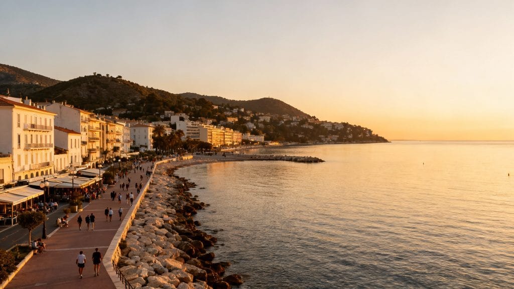 Promenade côtière animée et baie au coucher du soleil