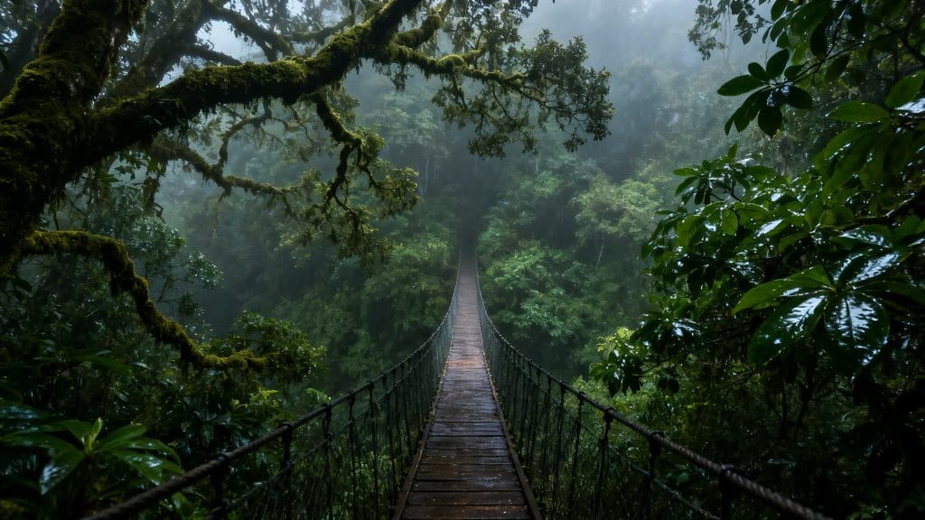 Pont suspendu dans une forêt nuageuse verdoyante