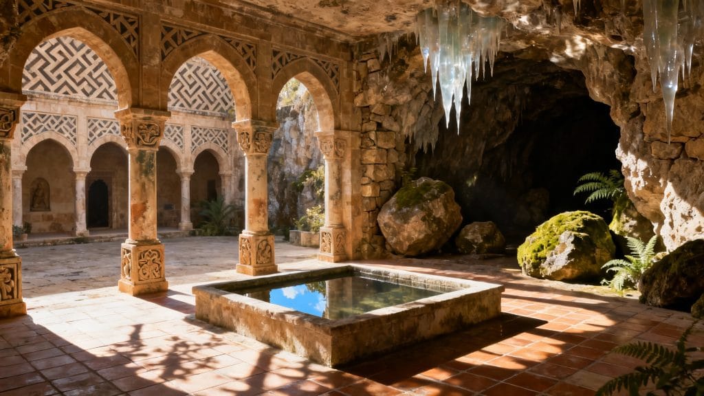 Patio à arcades et grotte ornée de stalactites calcaires