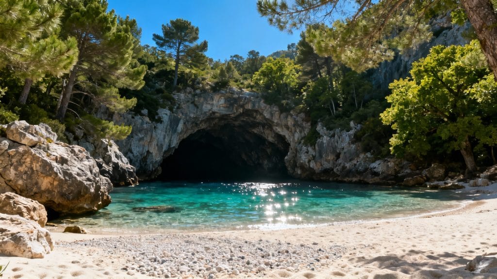 Crique sauvage turquoise bordée d’une forêt littorale dense