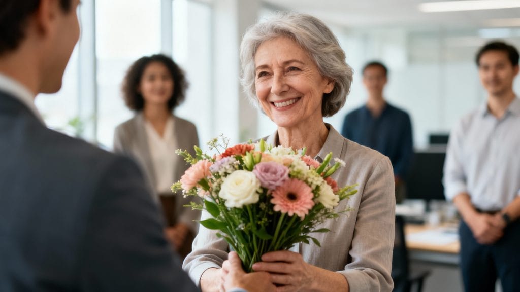 départ à la retraite célébré avec bouquet et sourires en entreprise