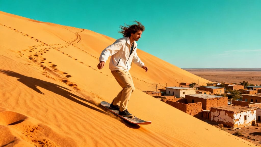 Dune dorée avec ksar au pied et sandboard en action