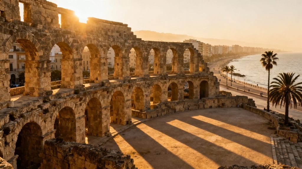 Ruines d’amphithéâtre romain en ville côtière