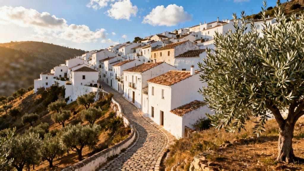 Village blanc perché et oliveraies au soleil