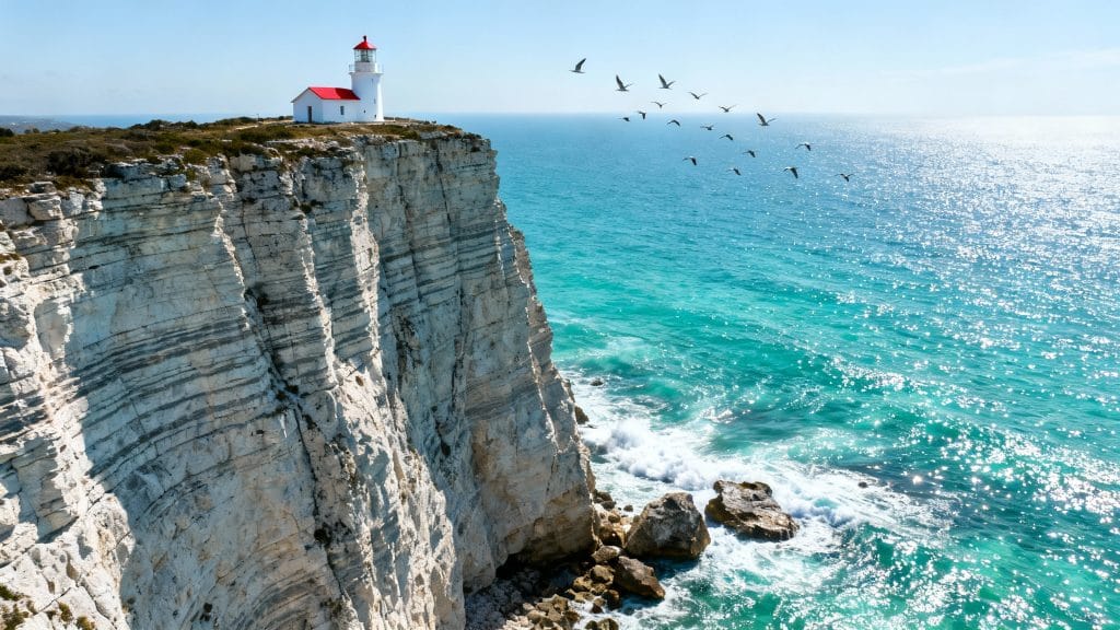 Falaise escarpée dominant une mer turquoise scintillante
