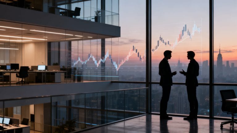 Silhouettes d’entrepreneurs et graphique boursier, variations de fortune d’entrepreneur