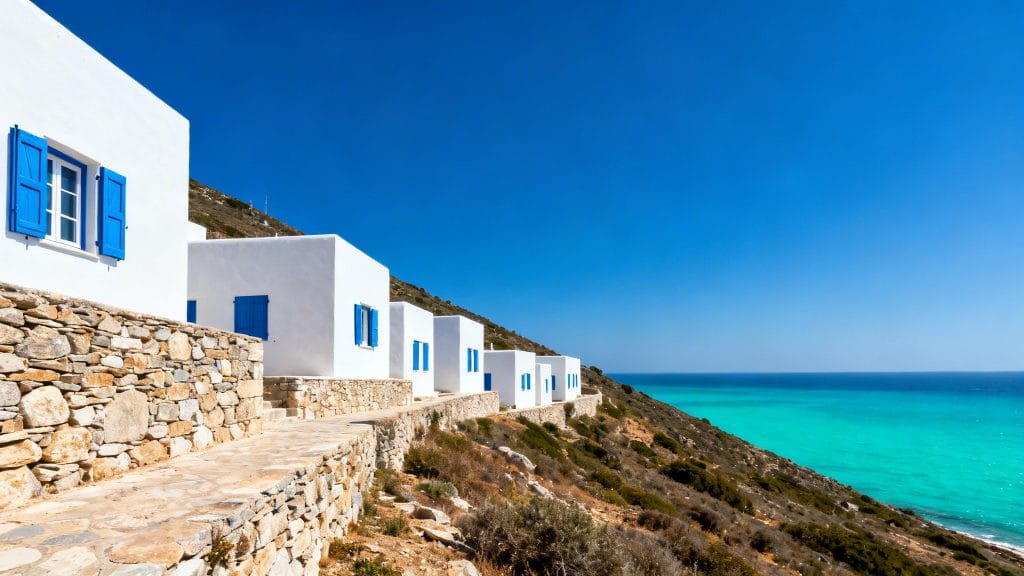 Maisons blanches et mer bleue sous ciel limpide