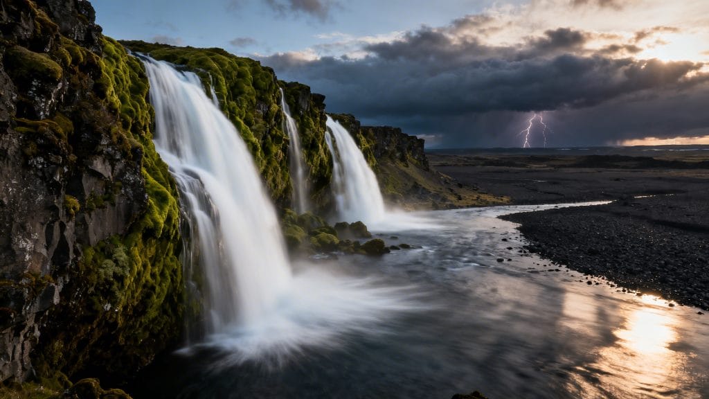 Cascade puissante, mousses vertes et reliefs volcaniques