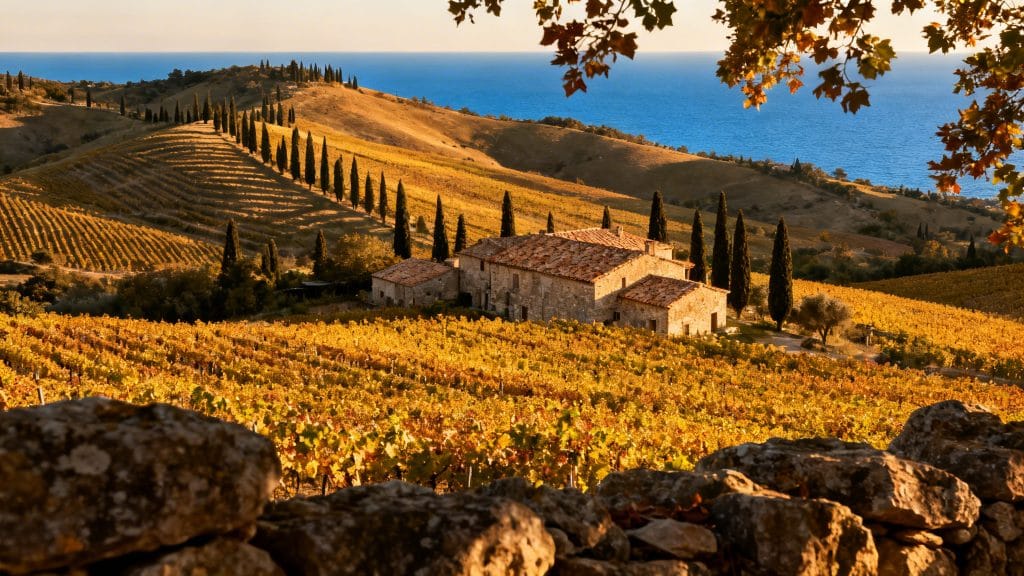 Collines italiennes, cyprès et vignobles au soleil