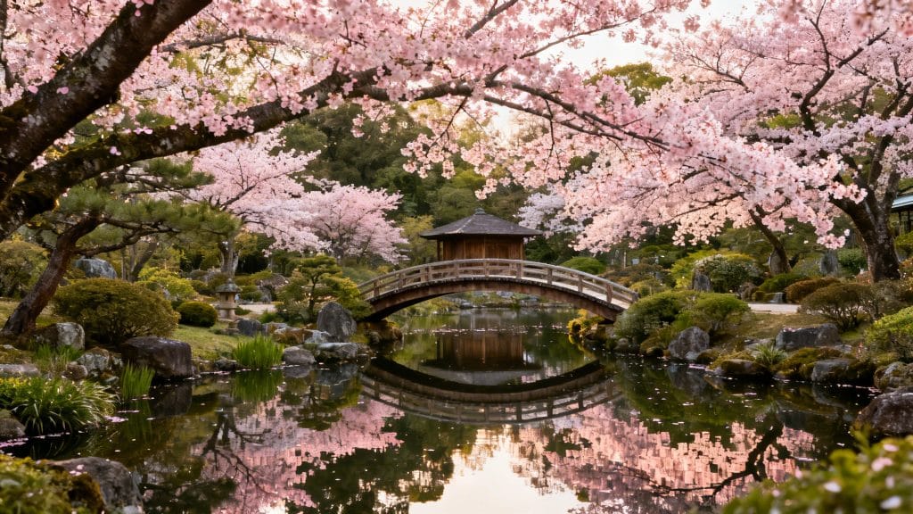 Jardin traditionnel, cerisiers en fleurs et étang calme