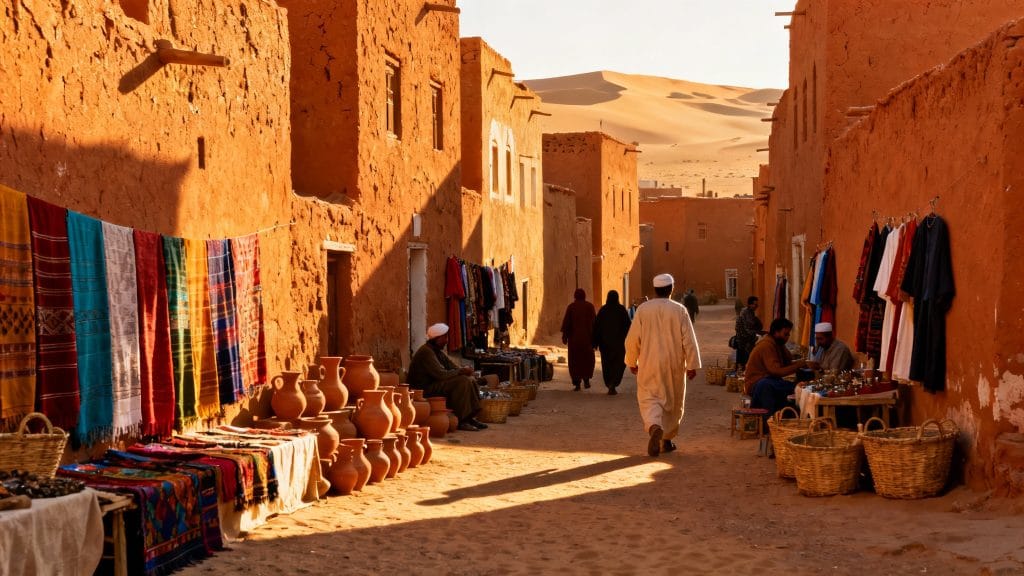 Ruelles ocres et marché d’artisanat dans un ksar