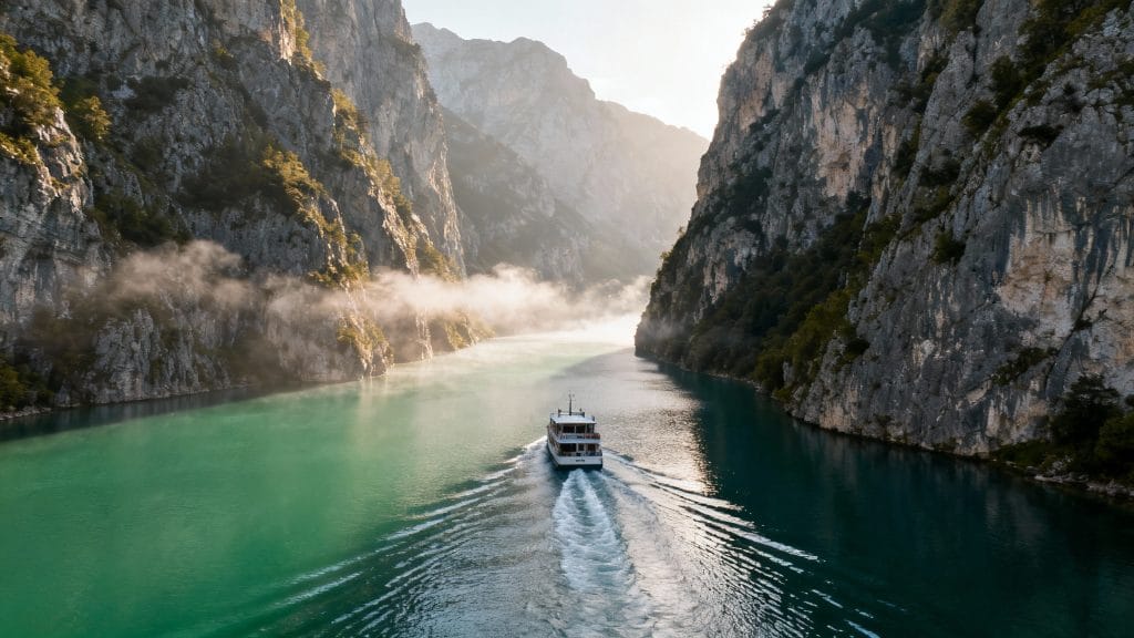 Ferry lac Koman entre falaises verdoyantes
