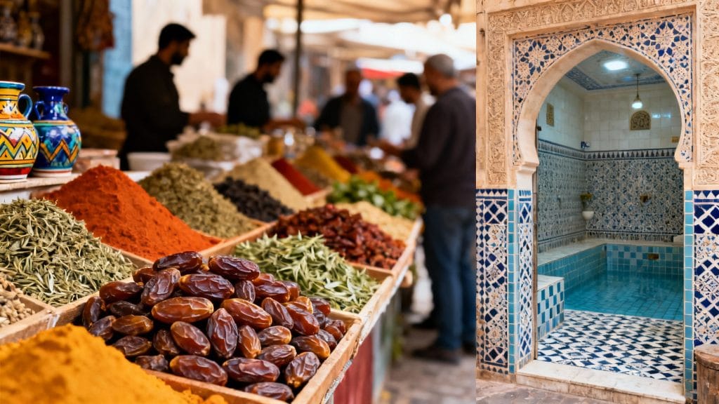 Étal d’épices et dattes près d’une entrée de hammam