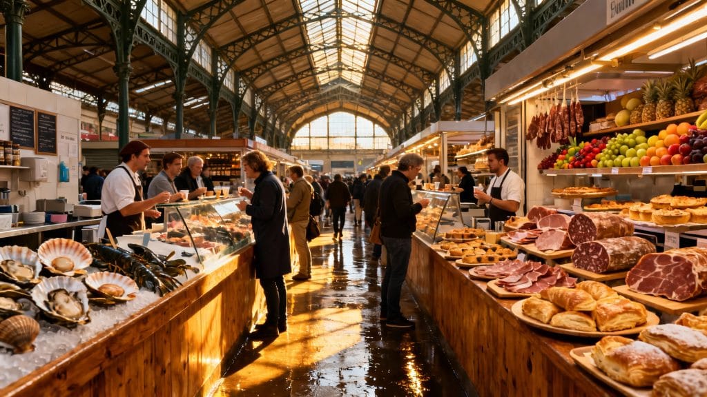 Étals de spécialités majorquines dans un marché couvert