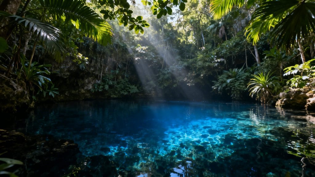 Cénote bleu entouré de jungle tropicale luxuriante
