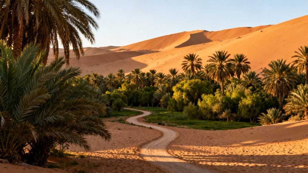 Palmeraie verdoyante au pied de dunes ocres