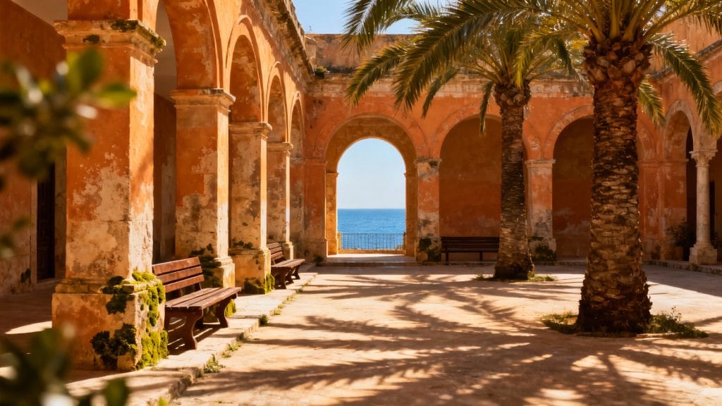 Patio ombragé et arcades avec vue vers la mer