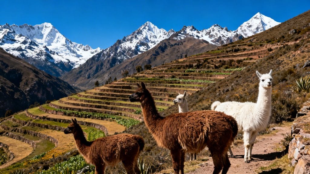Terrasses andines, lamas et sommets enneigés