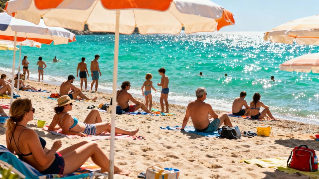 Plage bondée en été, affluence et chaleur en haute saison
