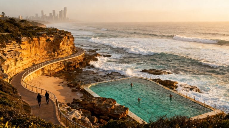 Panorama côtier australien avec falaises, océan et passerelle